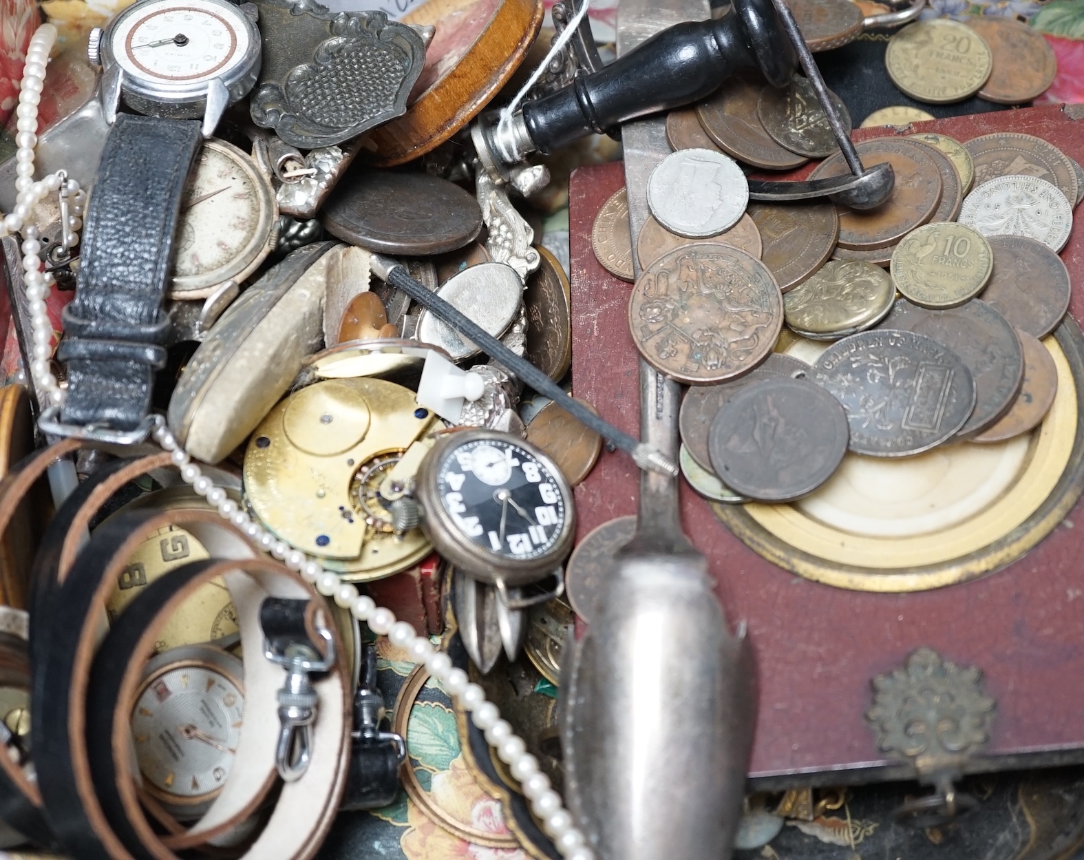 A quantity of assorted collectables including, coins, a desk seal, a miniature portrait, watch parts, plated wares, etc. Condition - varies